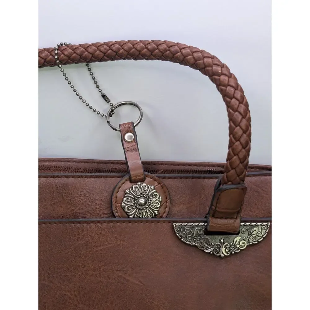 Bueno Brown Faux Leather Satchel Handbag Braided Handles Western Croc Trim